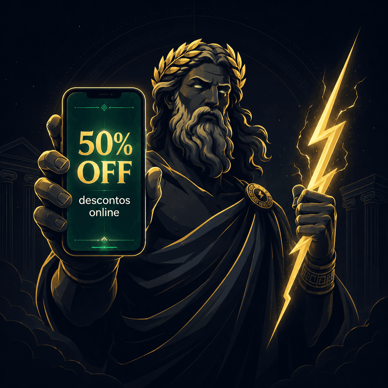 Zeus segurando telefone com 50% OFF